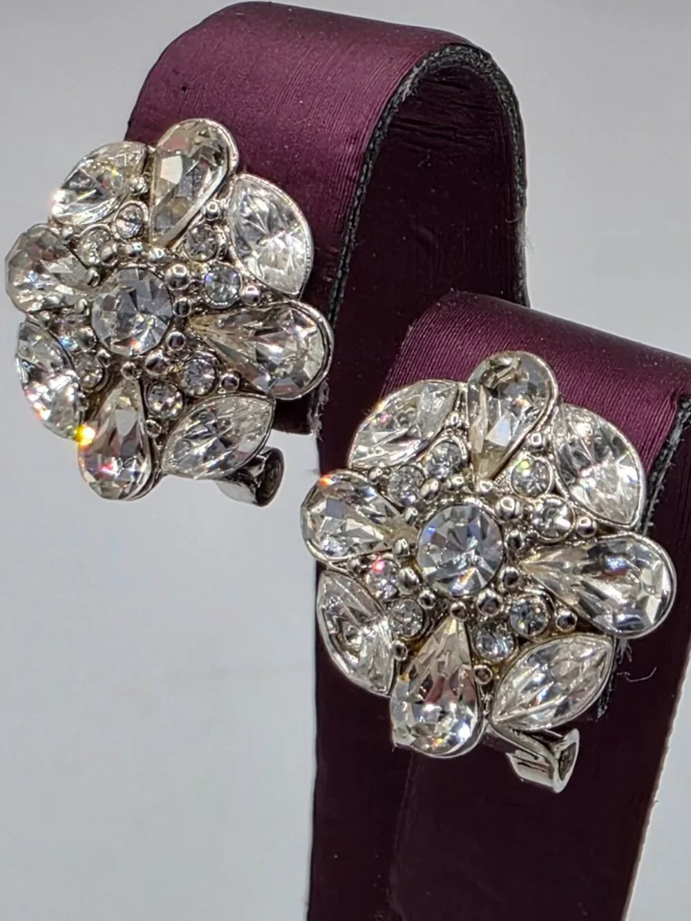 Vintage LIZ CLAIBORNE Round Pave Rhinestone Rhodium Plated Silver Clip Earrings